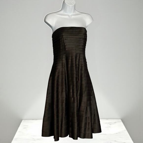 Vintage 80s Victor Costa Black Strapless Cocktail Dress Size 4 Satin Tiered Glam - Picture 1 of 11